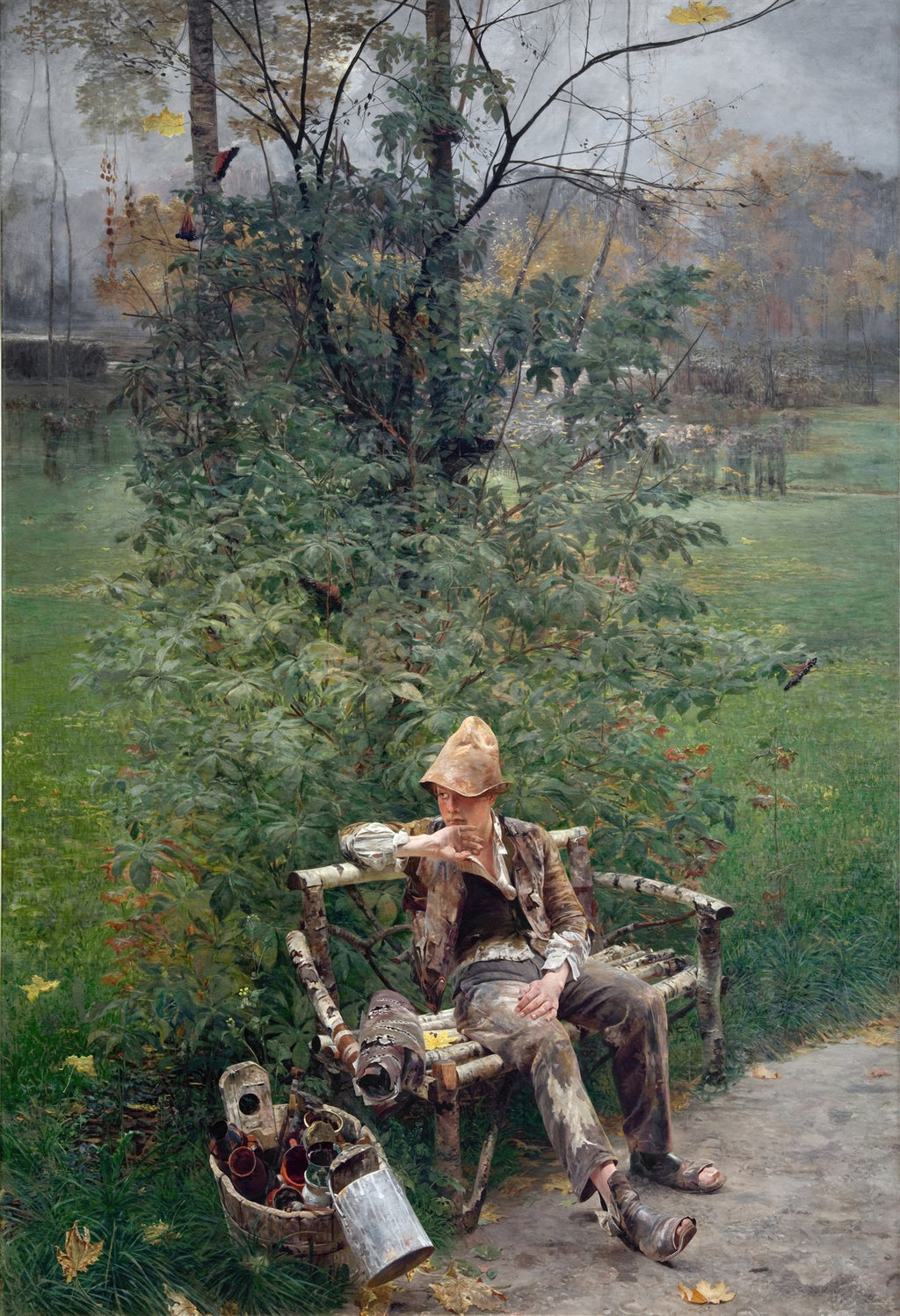 Quadro 'O Pintor' de Jacek Malczewski, mostrando um homem sentado em um banco rústico em meio à natureza, com expressão pensativa, cercado por folhagens e árvores, com baldes de tinta e pincéis ao lado. A luz outonal cria uma atmosfera melancólica.