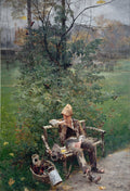 Quadro 'O Pintor' de Jacek Malczewski, mostrando um homem sentado em um banco rústico em meio à natureza, com expressão pensativa, cercado por folhagens e árvores, com baldes de tinta e pincéis ao lado. A luz outonal cria uma atmosfera melancólica.