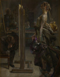 Quadro 'A Arte e a Música (Musa)' de Jacek Malczewski, exibindo uma figura feminina etérea inspirando um artista em um atelier escuro.