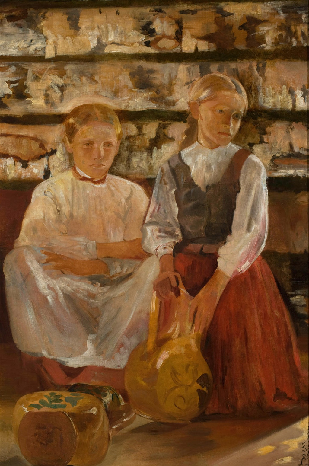 Pintura a óleo de Jacek Malczewski, "Duas Meninas com Jarra", retratando duas jovens em tons terrosos, com uma jarra de cerâmica amarela em primeiro plano.