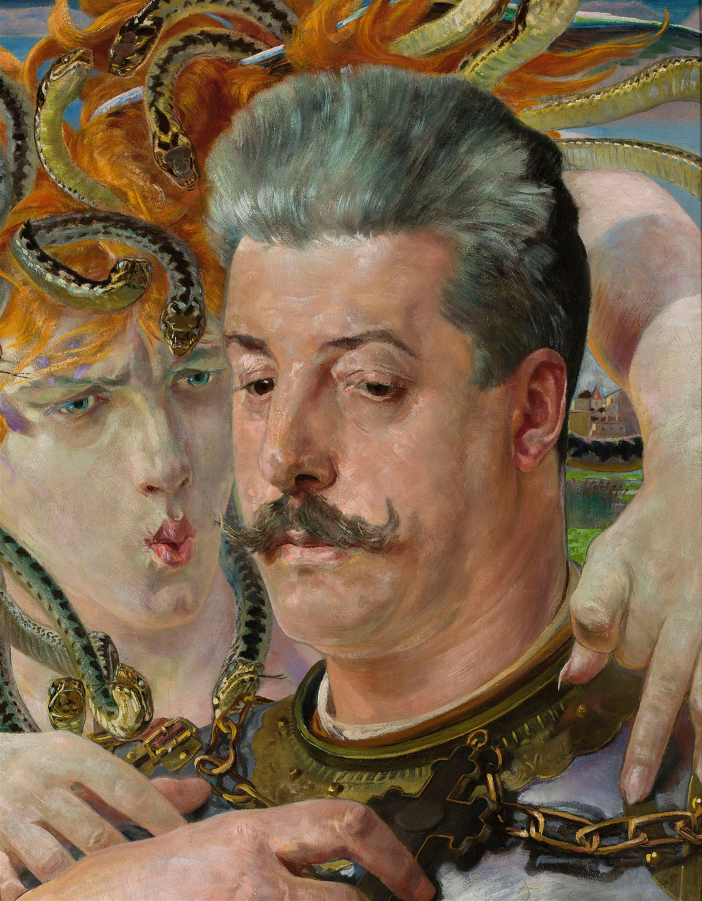 Quadro decorativo com a obra Medusa de Jacek Malczewski, mostrando o rosto de um homem com bigode e cabelo grisalho ao lado de uma mulher ruiva com serpentes no cabelo, simbolizando Medusa, em um estilo simbolista e dramático.