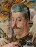 Quadro decorativo com a obra Medusa de Jacek Malczewski, mostrando o rosto de um homem com bigode e cabelo grisalho ao lado de uma mulher ruiva com serpentes no cabelo, simbolizando Medusa, em um estilo simbolista e dramático.