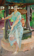 Quadro decorativo com a pintura 'A Mulher no Poço' de Jacek Malczewski, mostrando uma mulher de vestido azul claro e transparente sentada em um poço, com um olhar pensativo e sereno, rodeada por folhagem verde e tons terrosos.