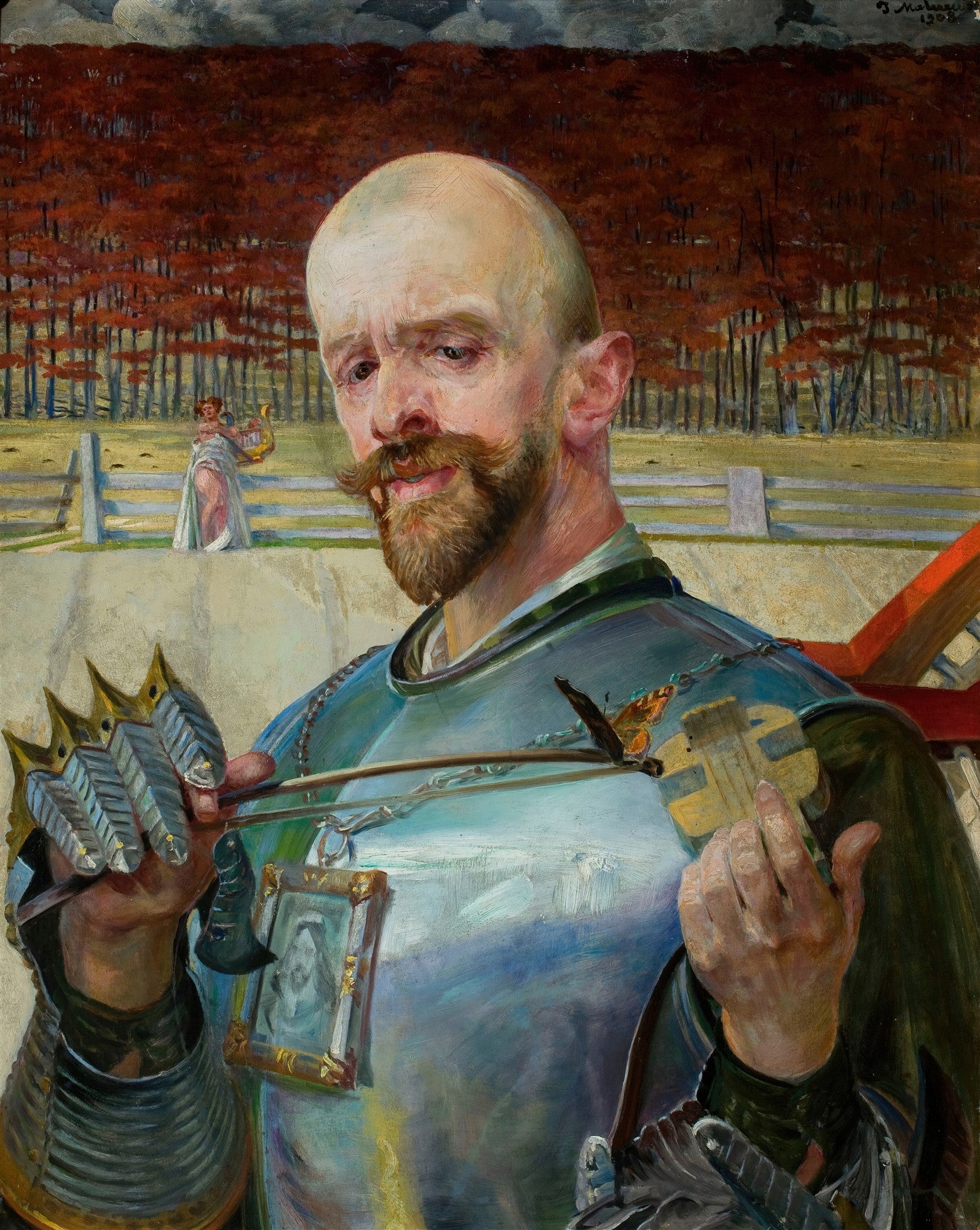Retrato de um homem barbudo e calvo em armadura, segurando um arco, com uma borboleta no peito e um medalhão. Ao fundo, uma mulher vestida de branco com uma harpa e árvores de folhagem avermelhada. Obra de Jacek Malczewski, 'O Poeta e a Musa'.