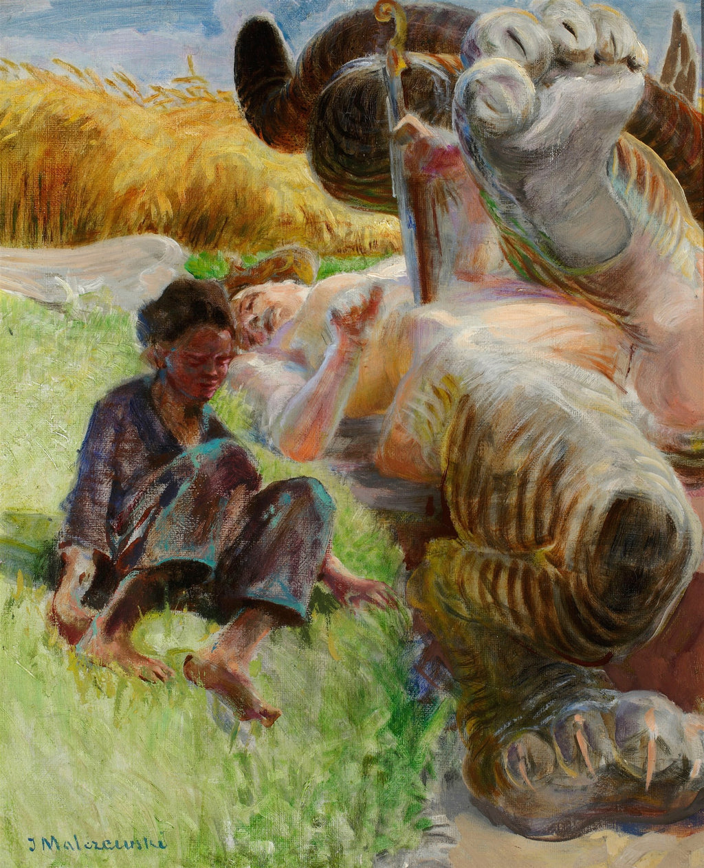 Quadro decorativo Apolo e Marcias, óleo sobre tela de Jacek Malczewski, mostrando figuras mitológicas em um campo de trigo, com um homem deitado e um sátiro ao lado de um jovem sentado
