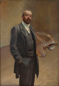 Autorretrato de Jacek Malczewski com um bigode e barba ruivos, vestindo um terno escuro e segurando uma paleta de artista com pincéis. A imagem é um retrato de corpo inteiro, com um fundo neutro e piso de madeira aparente.