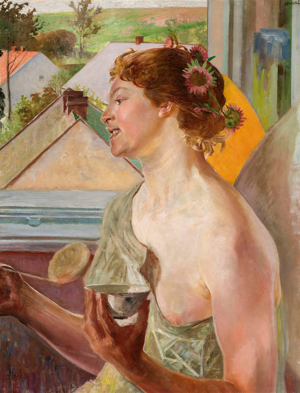 Quadro decorativo 'A Poesia' de Jacek Malczewski. Retrato de mulher de perfil com flores no cabelo, olhando para uma paisagem com telhados. Cores suaves e terrosas.