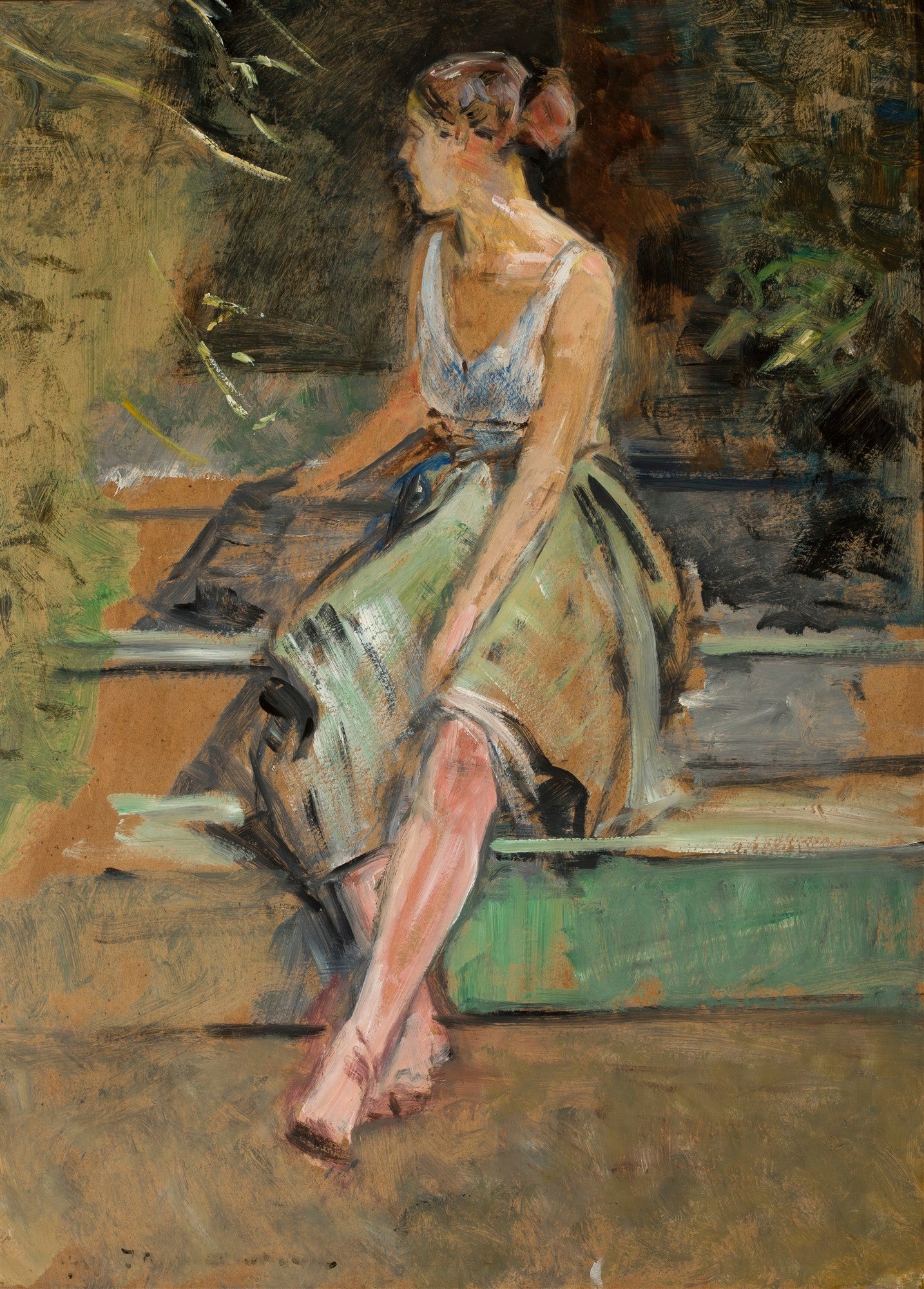Quadro de Jacek Malczewski, A Jovem na Varanda, mostrando uma mulher sentada em uma varanda, em tons terrosos e verdes.