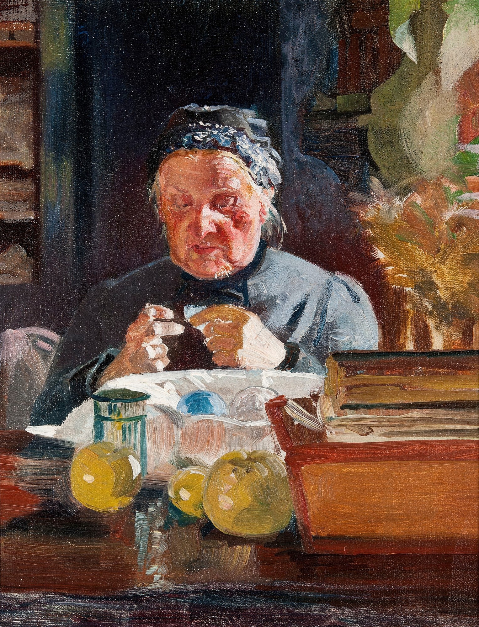Retrato de uma mulher idosa tricotando, com expressão concentrada e serena, cores quentes e tons terrosos, de Jacek Malczewski.