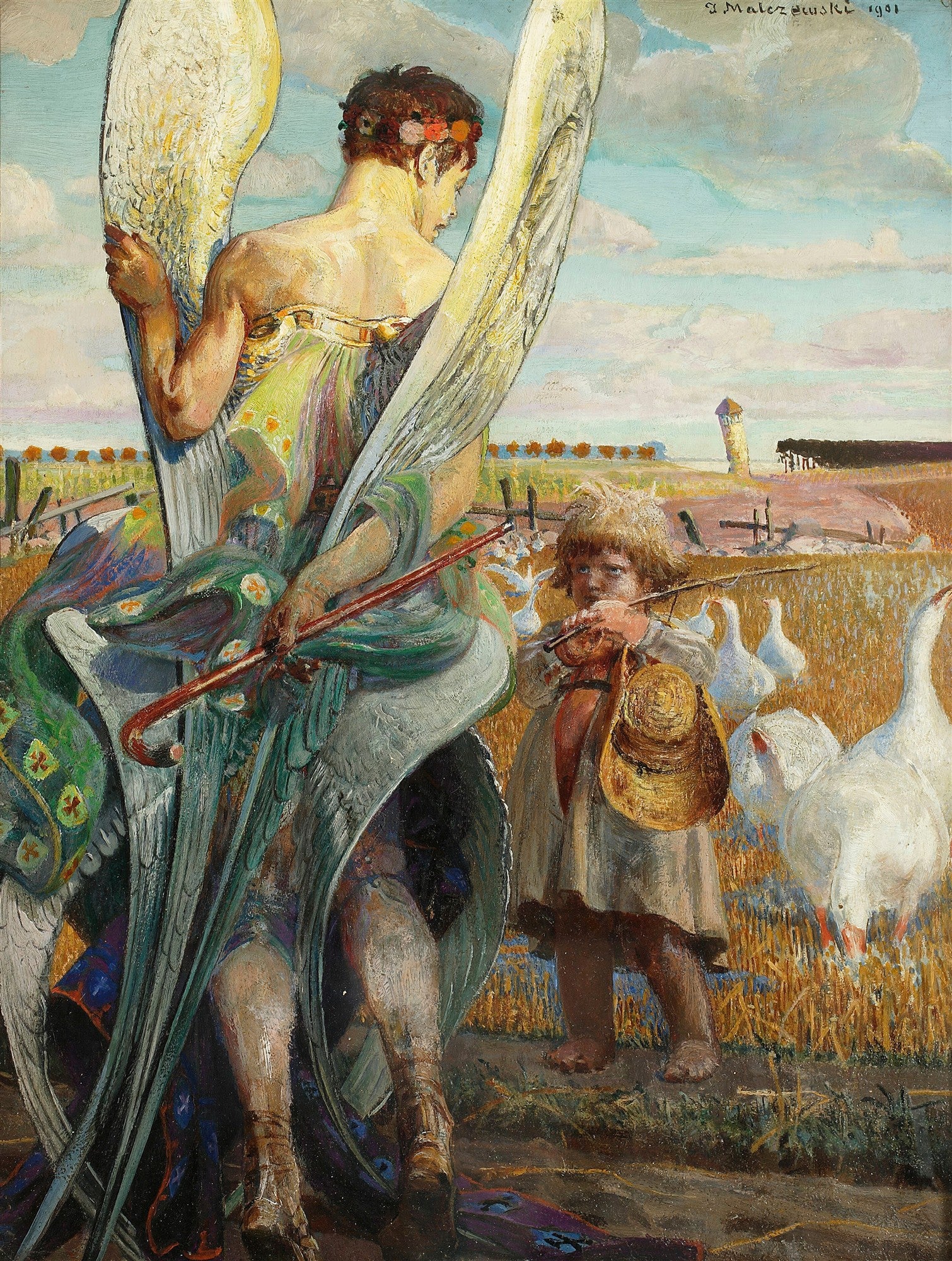 Quadro decorativo "Anjo do Pastor" de Jacek Malczewski, mostrando um anjo alado com vestes coloridas e uma criança pastora com um violino em um campo dourado com gansos.