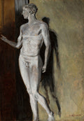 Quadro decorativo com pintura a óleo de Jacek Malczewski, 'Estudo de Nu Masculino', retratando uma figura masculina de pé, em tons de cinza, marrom e ocre, com uma sombra projetada na parede.