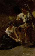 Quadro decorativo com pintura de Jacek Malczewski, retratando uma mulher agachada e um homem sentado em uma cena de interior com iluminação dramática. As cores são predominantemente escuras e terrosas.