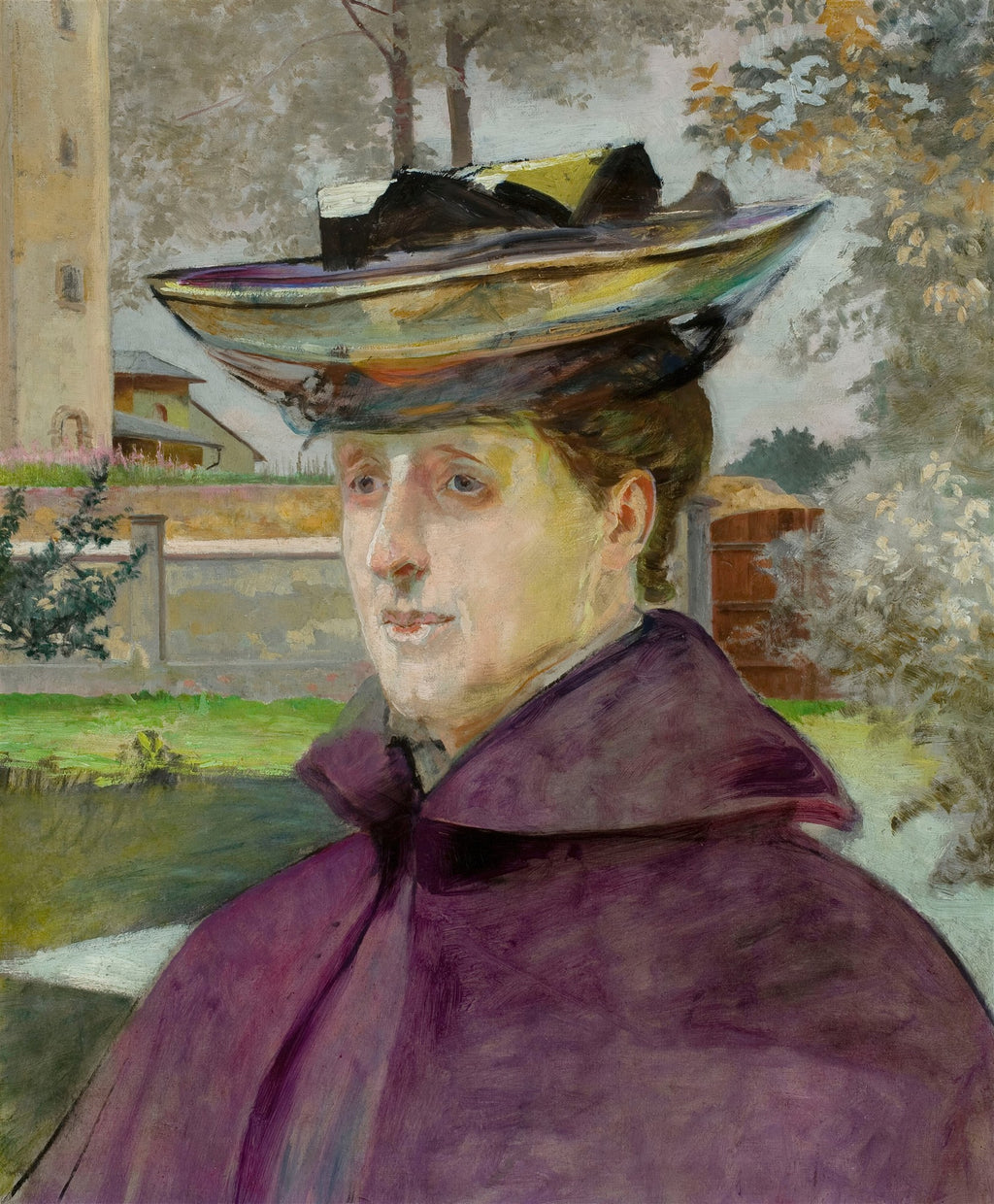 Retrato de mulher com chapéu, obra de Jacek Malczewski, exibindo cores suaves e olhar introspectivo. Fundo com elementos arquitetônicos e vegetação.