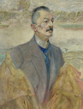 Retrato de um homem com bigode, em terno cinza e gravata azul, com um fundo etéreo de anjos e paisagens celestiais, atribuído a Jacek Malczewski.