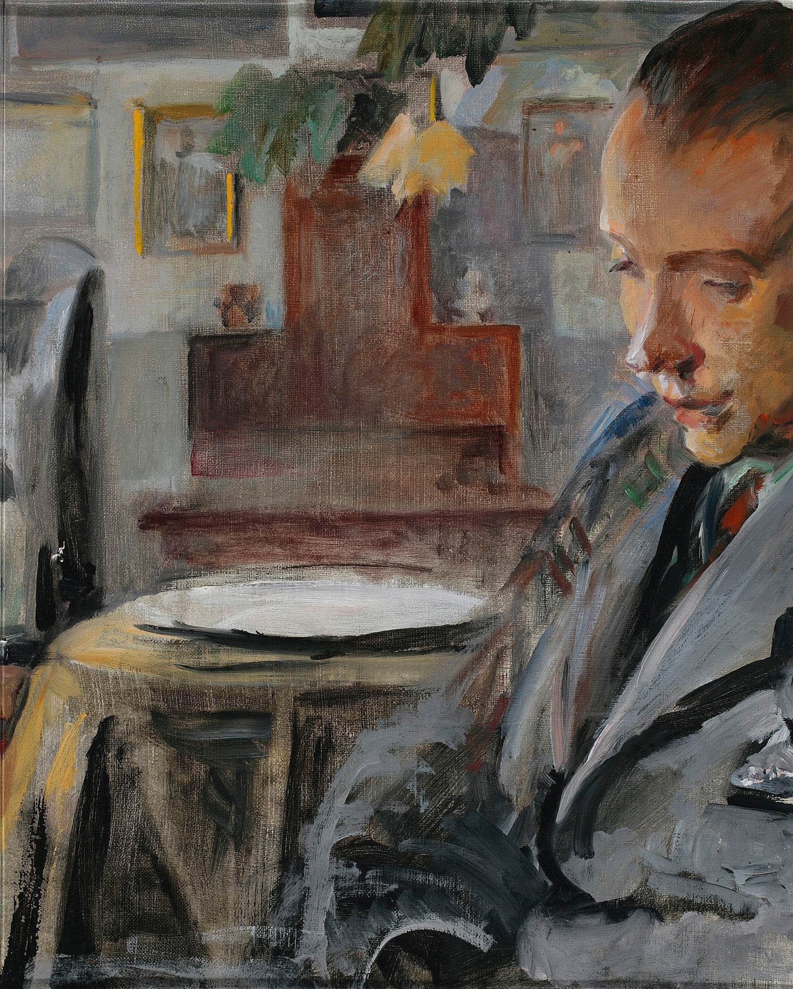 Quadro decorativo com retrato íntimo de uma pessoa de perfil, com expressões pensativas, em tons de cinza, marrom e ocre, atribuído a Jacek Malczewski
