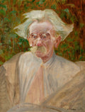 Retrato em óleo de um homem idoso com cabelos e bigodes brancos esvoaçantes, olhar intenso, contra um fundo abstrato em tons de verde e marrom. A obra é atribuída a Jacek Malczewski.