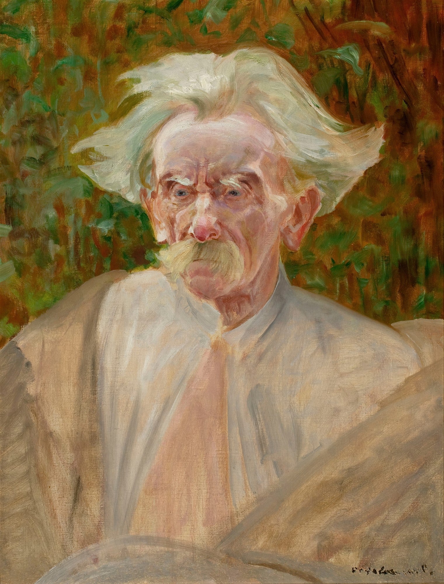 Retrato em óleo de um homem idoso com cabelos e bigodes brancos esvoaçantes, olhar intenso, contra um fundo abstrato em tons de verde e marrom. A obra é atribuída a Jacek Malczewski.