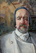 Autorretrato de Jacek Malczewski, um homem de barba e bigode, olhar intenso, vestindo um robe. Ao fundo, figuras etéreas e paisagem misteriosa em tons terrosos e azul. Arte simbolista.