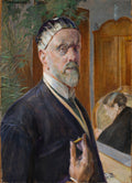 Autorretrato de Jacek Malczewski, um homem de barba grisalha e touca, com olhar introspectivo, em pintura a óleo com tons terrosos e pinceladas visíveis, segurando um pincel.