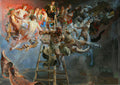 Quadro decorativo 'A Escada' de Jacek Malczewski, exibindo uma complexa cena alegórica com figuras em luz e sombra, conectadas por uma escada, representando a dualidade da existência. Impressão fine art em papel Kodak com moldura e vidro.
