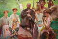 Quadro decorativo 'A Minha Canção' de Jacek Malczewski, apresentando um grupo de figuras humanas e míticas em um cenário verdejante, com o artista centralizado, cercado por mulheres e seres com chifres, transmitindo uma atmosfera de simbolismo e enigma.