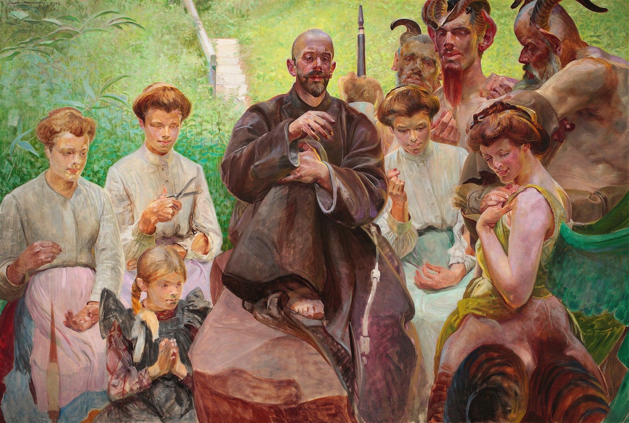 Quadro decorativo 'A Minha Canção' de Jacek Malczewski, apresentando um grupo de figuras humanas e míticas em um cenário verdejante, com o artista centralizado, cercado por mulheres e seres com chifres, transmitindo uma atmosfera de simbolismo e enigma.