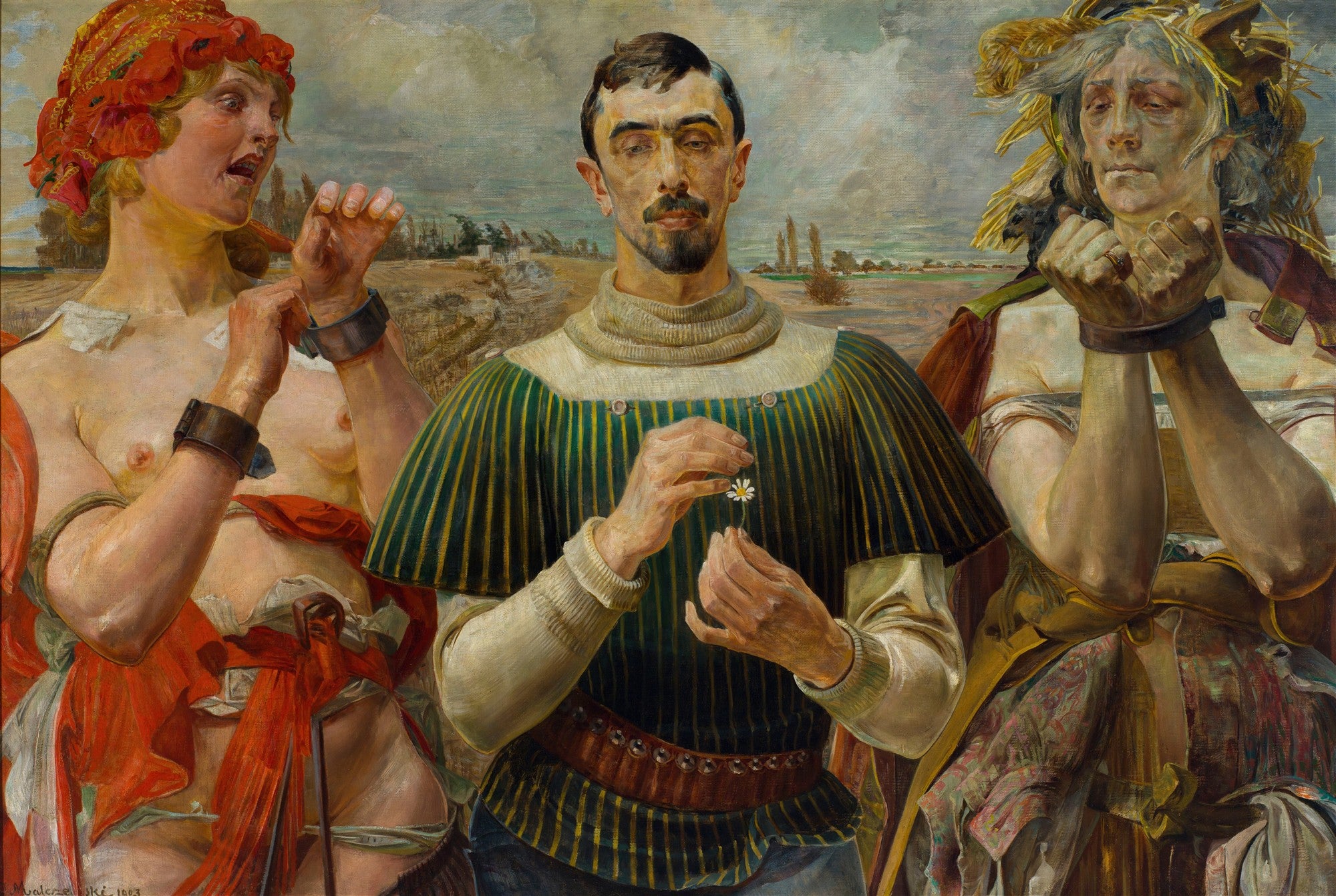Quadro decorativo 'Vícios' de Jacek Malczewski, apresentando três figuras. No centro, um homem segura uma margarida. À esquerda, uma mulher de peito nu com grilhões nos pulsos e touca vermelha. À direita, outra mulher com grilhões e expressão de sofrimento. O fundo é uma paisagem árida.