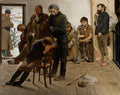 Pintura a óleo de Jacek Malczewski, 'A Prisão', mostrando um grupo de homens em um ambiente sombrio e invernal, alguns sentados, outros em pé, com expressões de tristeza e resignação, e um guarda à porta.