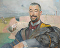 Retrato de um homem com bigode e barba, em trajes formais, olhando para baixo. Ao fundo, cenas de trabalho e figuras alegóricas em paisagens áridas e montanhosas, com chaminés e fumaça ao longe. A obra é de Jacek Malczewski.