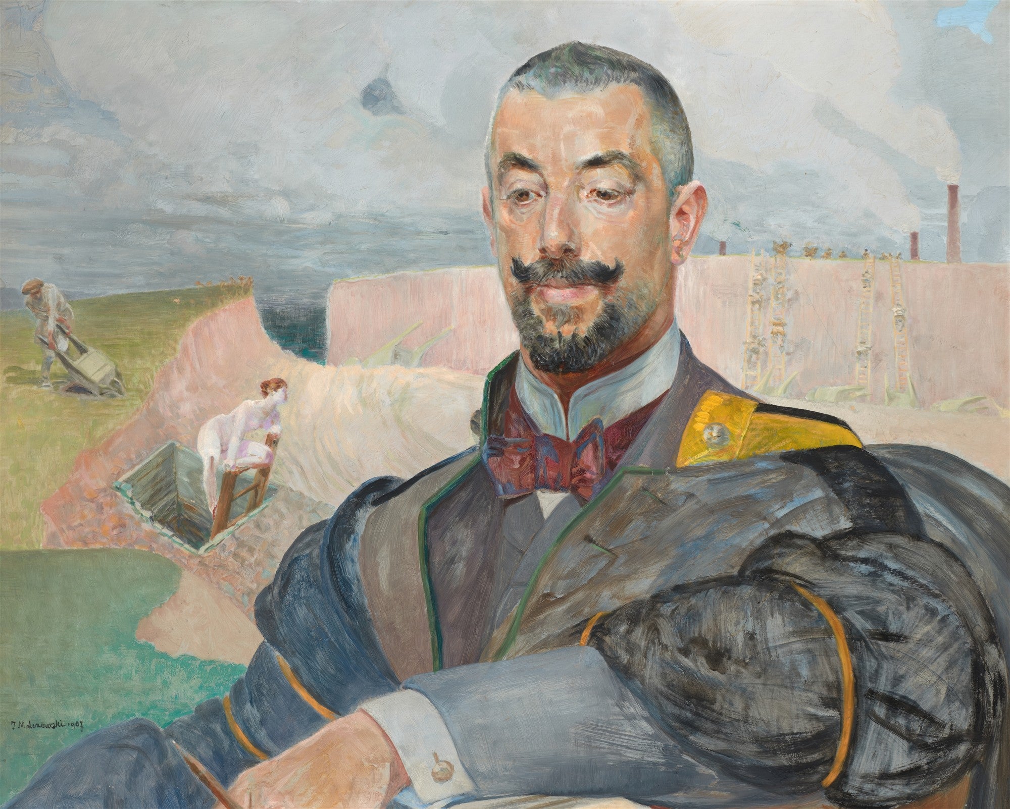 Retrato de um homem com bigode e barba, em trajes formais, olhando para baixo. Ao fundo, cenas de trabalho e figuras alegóricas em paisagens áridas e montanhosas, com chaminés e fumaça ao longe. A obra é de Jacek Malczewski.