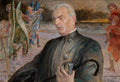 Autorretrato de Jacek Malczewski, 'O Poeta', com o artista em primeiro plano segurando um guarda-chuva, e figuras alegóricas ou mitológicas ao fundo, à beira de um rio, em tons terrosos e azuis. A obra é uma pintura a óleo em estilo simbolista.