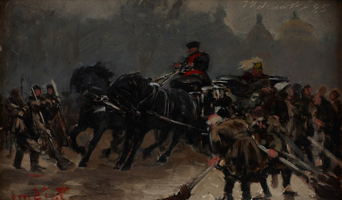 Quadro a óleo de Jacek Malczewski mostrando uma procissão histórica com cavalos e figuras humanas em movimento, em tons escuros e dramáticos.