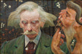 Quadro decorativo detalhado de Jacek Malczewski, 'O Poeta e o Sátiro', mostrando um homem idoso com bigode e cabelo branco, pensativo, ao lado de um sátiro com chifres que sopra uma flauta ou objeto similar.