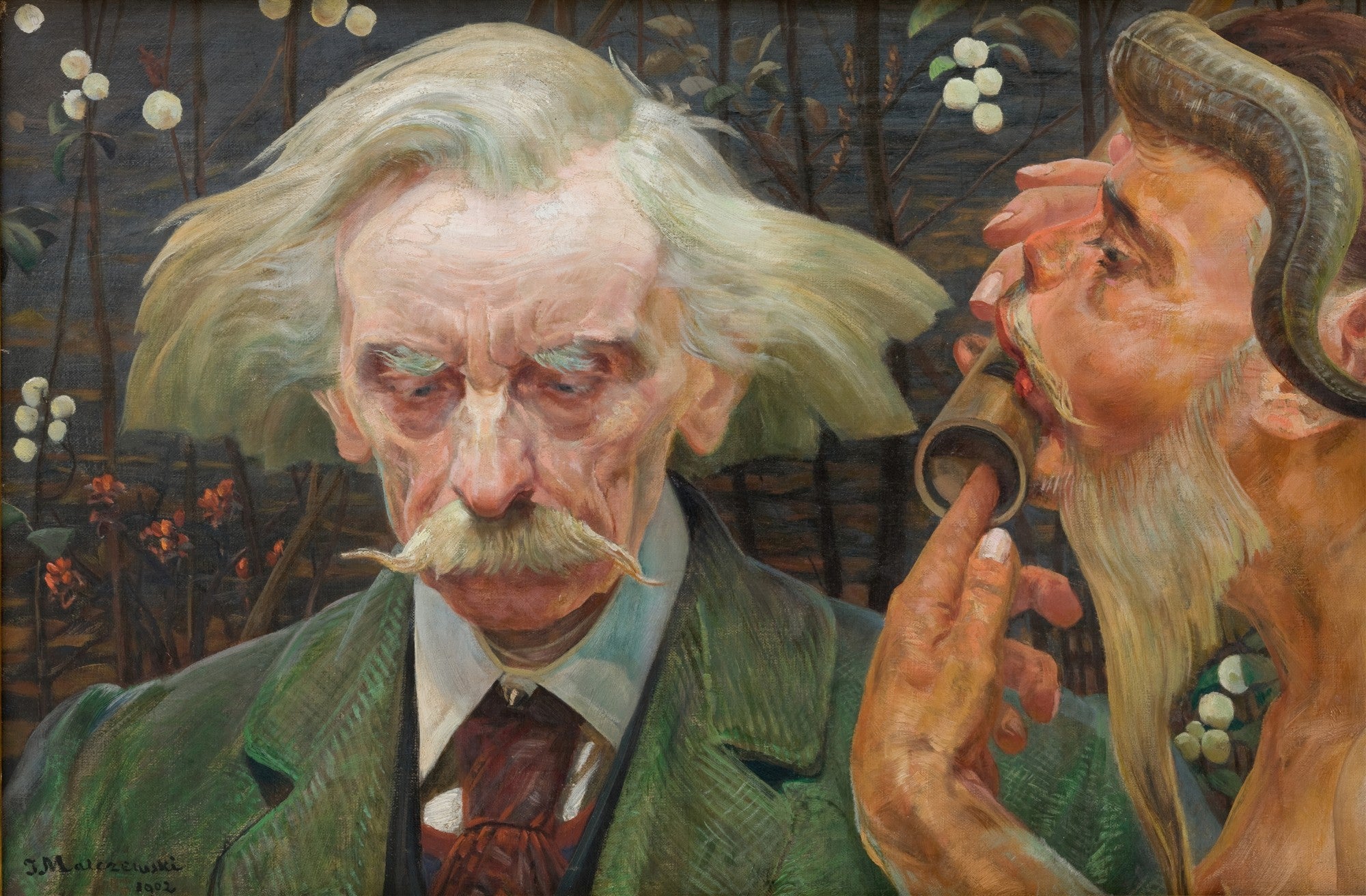Quadro decorativo detalhado de Jacek Malczewski, 'O Poeta e o Sátiro', mostrando um homem idoso com bigode e cabelo branco, pensativo, ao lado de um sátiro com chifres que sopra uma flauta ou objeto similar.