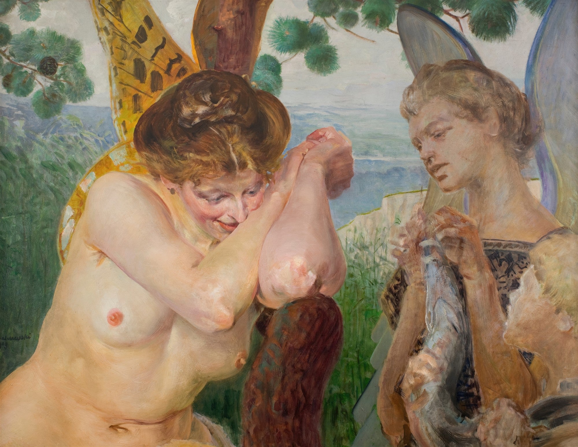 Pintura de Jacek Malczewski, A Fada e o Anjo (A Alma), retratando uma mulher de asas de borboleta e um anjo em um cenário místico e simbólico.