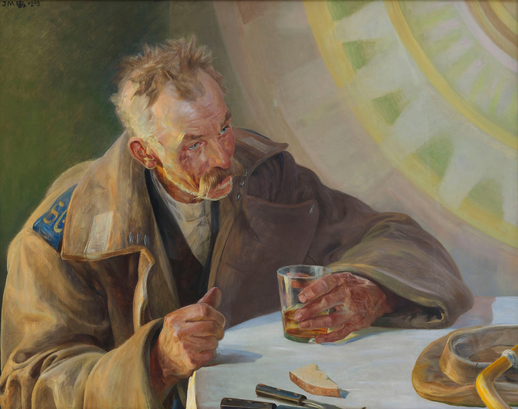 Retrato de um homem idoso, com bigodes e casaco, segurando um copo com bebida, em uma mesa. A imagem é uma obra de Jacek Malczewski, 'O Velho Soldado'.