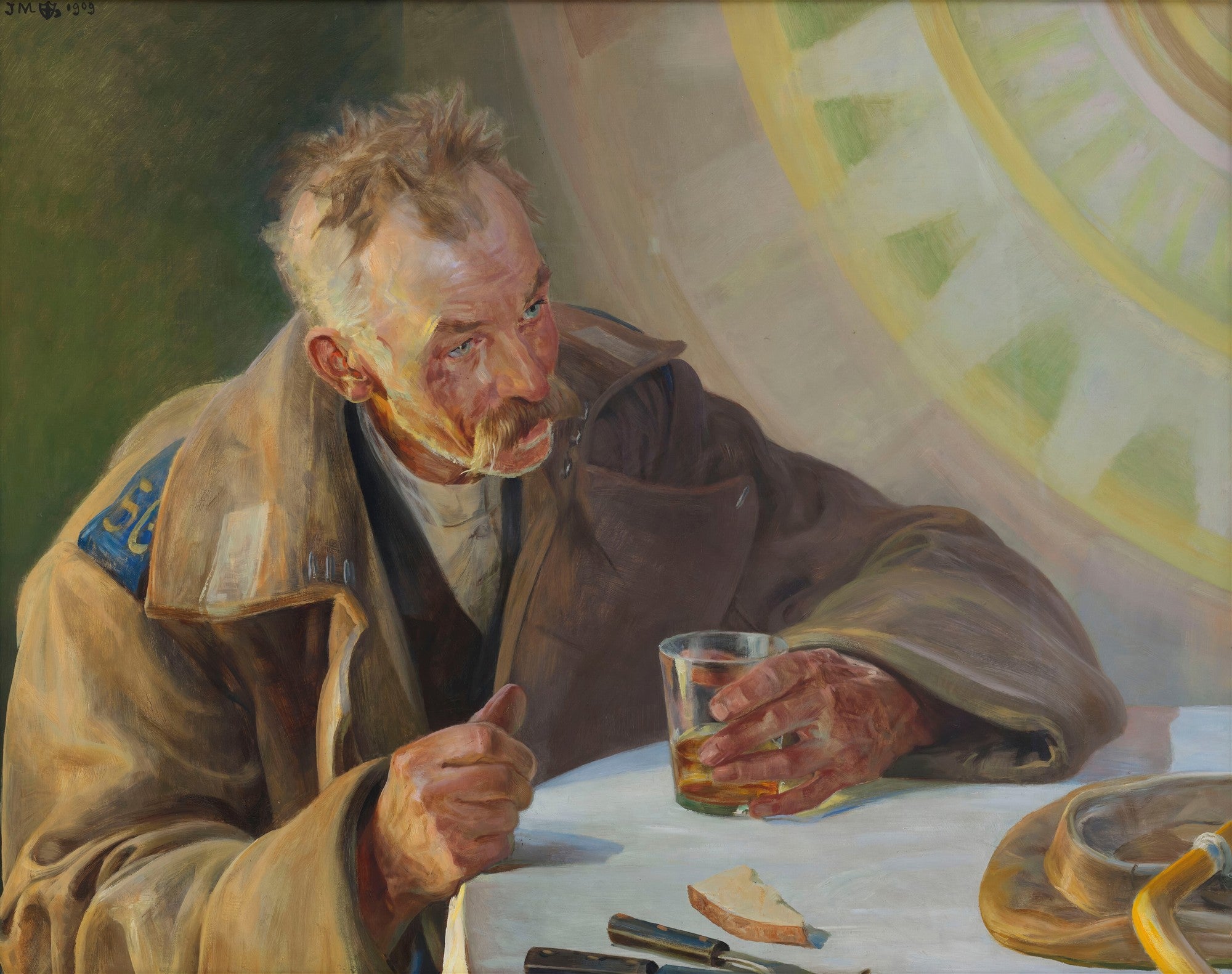 Retrato de um homem idoso, com bigodes e casaco, segurando um copo com bebida, em uma mesa. A imagem é uma obra de Jacek Malczewski, 'O Velho Soldado'.