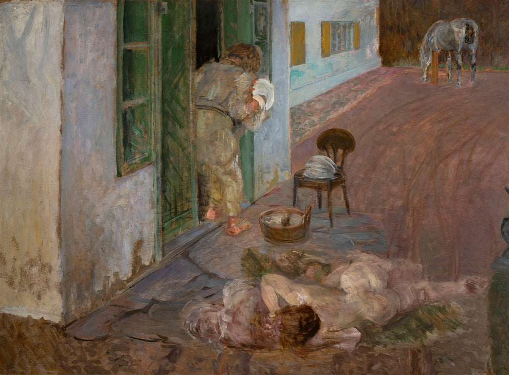 Quadro decorativo "A Partida de Tobias" de Jacek Malczewski, mostrando uma cena simbolista com figuras humanas e um cavalo, em tons terrosos e verdes escuros.