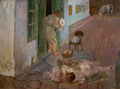 Quadro decorativo "A Partida de Tobias" de Jacek Malczewski, mostrando uma cena simbolista com figuras humanas e um cavalo, em tons terrosos e verdes escuros.