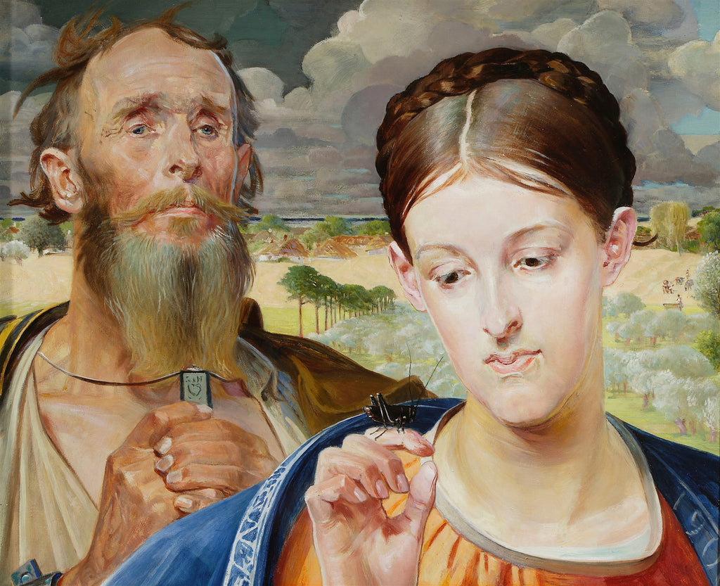 Quadro 'A Formiga' de Jacek Malczewski, com uma jovem e um homem mais velho, em cenário campestre com nuvens pesadas.