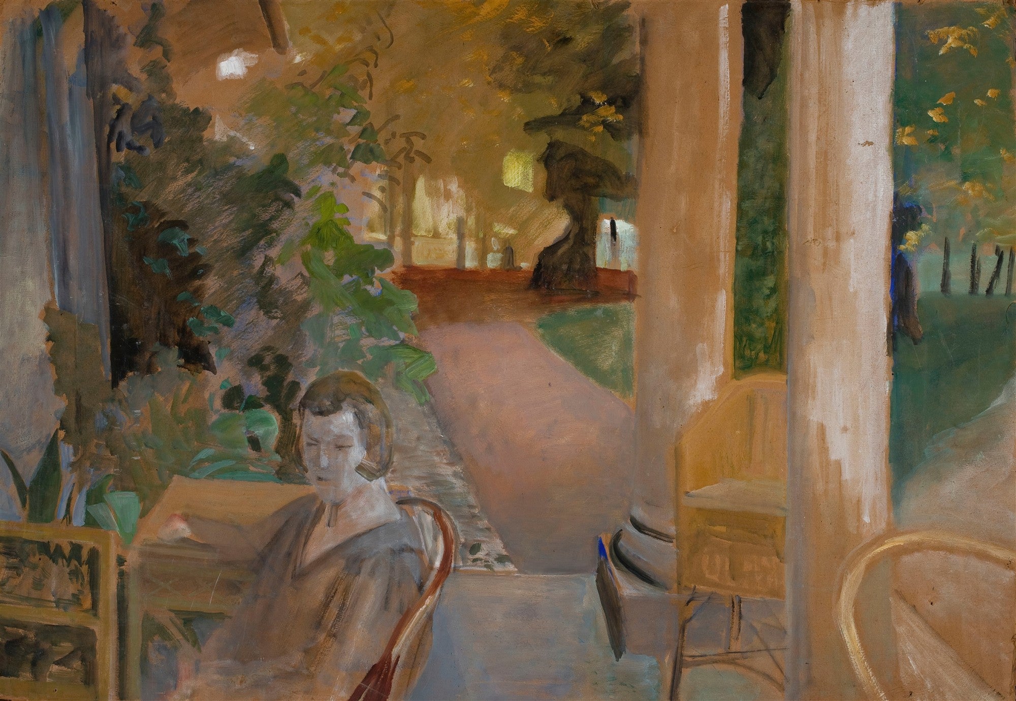 Quadro decorativo 'A Mulher no Terraço' de Jacek Malczewski, apresentando uma figura feminina sentada em um terraço com colunas, rodeada por folhagens e um jardim ao fundo. A paleta de cores é outonal e suave.