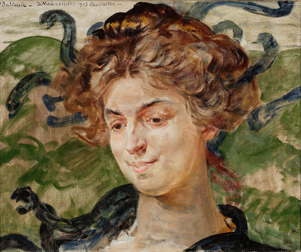 Retrato de A Medusa de Jacek Malczewski, apresentando uma mulher jovem com serpentes no cabelo, olhar pensativo e fundo verde-azulado. Pintura a óleo com técnica simbolista.