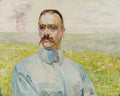 Retrato de homem com bigodes expressivos em campo florido, com figuras aladas etéreas ao fundo. Obra de Jacek Malczewski.