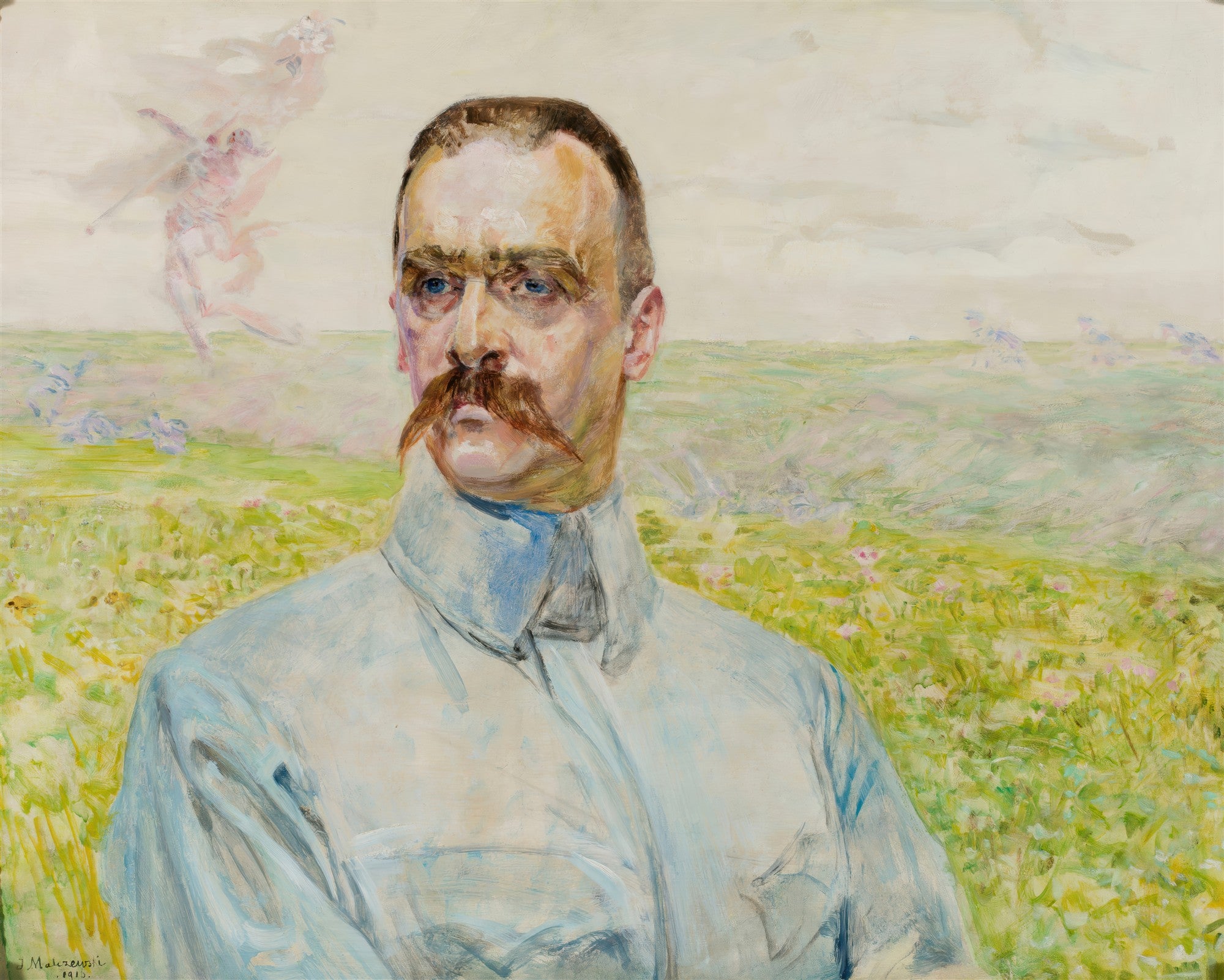 Retrato de homem com bigodes expressivos em campo florido, com figuras aladas etéreas ao fundo. Obra de Jacek Malczewski.