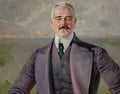 Retrato de um homem com bigode, vestindo terno, em estilo clássico, com paisagem ao fundo, obra de Jacek Malczewski