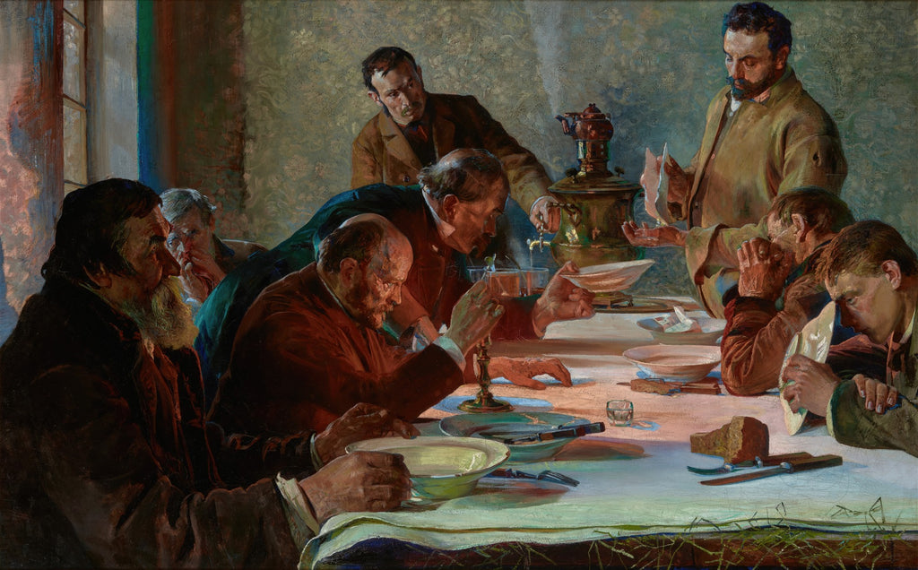 Quadro decorativo 'A Ceia' de Jacek Malczewski, mostrando homens reunidos em uma mesa, com expressões sérias e pensativas, em uma cena dramática e iluminada, com um samovar ao fundo.