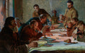 Quadro decorativo 'A Ceia' de Jacek Malczewski, mostrando homens reunidos em uma mesa, com expressões sérias e pensativas, em uma cena dramática e iluminada, com um samovar ao fundo.