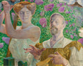 Quadro decorativo "A Minha Alma Estranha" de Jacek Malczewski, com uma mulher de olhos fechados e um homem com barba em um jardim de lilases roxos e verdes vibrantes. A mulher segura uma foice e o homem parece tocar um instrumento.