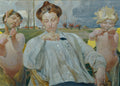 Quadro decorativo "A Música" de Jacek Malczewski, representando uma figura central com óculos e dois seres míticos, um sátiro e um querubim tocando violino, em paisagem campestre. A arte é simbolista e tem cores suaves e um toque onírico.