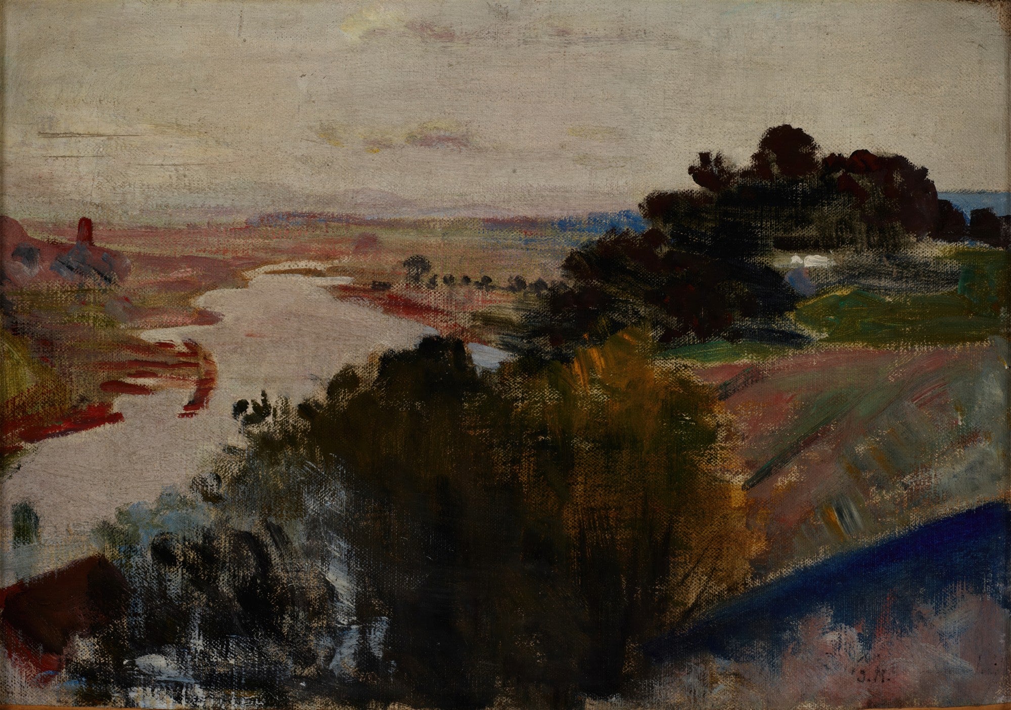 Pintura a óleo de Jacek Malczewski retratando uma paisagem fluvial com um rio sinuoso, colinas e vegetação densa em tons terrosos e céu nublado.
